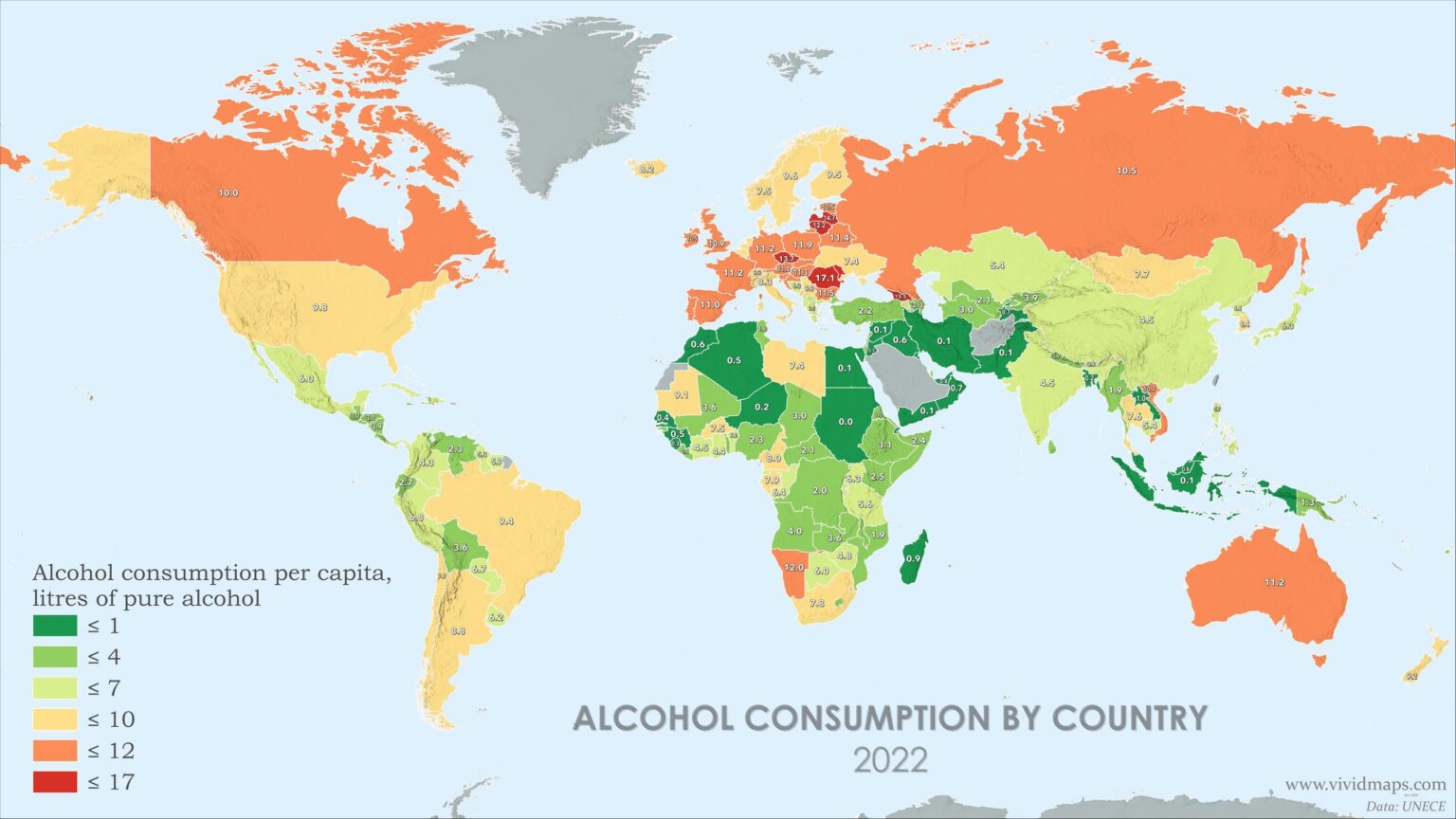 [OC] Alkoholkonsum pro Kopf nach Ländern (2022)