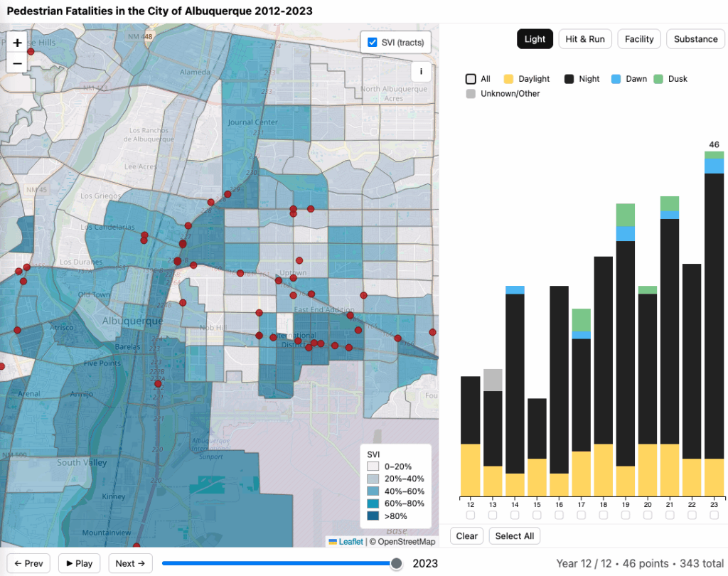 [OC] 12 Jahre Fußgänger Todesfälle in Albuquerque mit dem Kontext des sozialen Verwundbarkeitsindexs (interaktiv in Kommentaren)