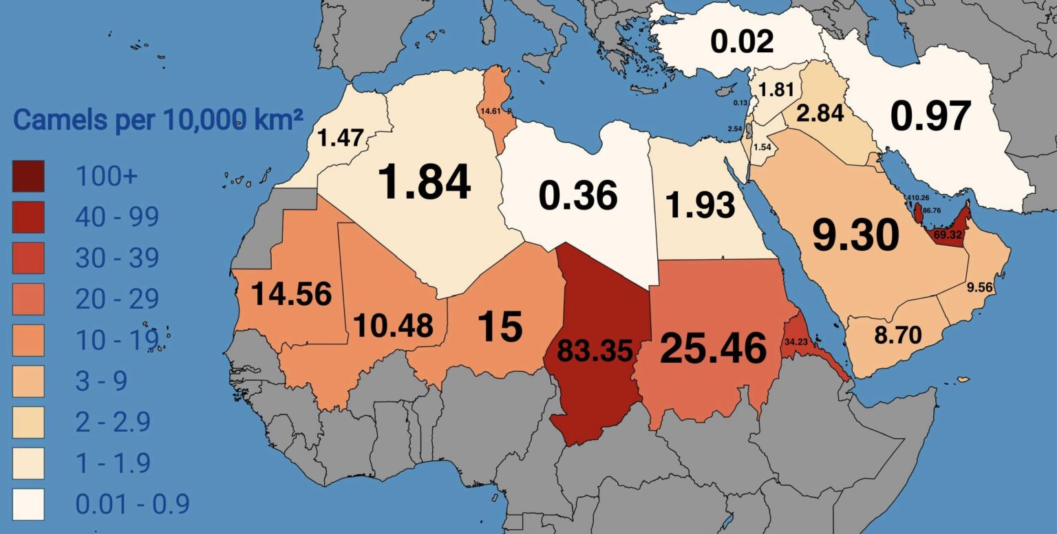 Anzahl der Kamele pro 10.000 km² im Nahen Osten und Nordafrika [OC]
