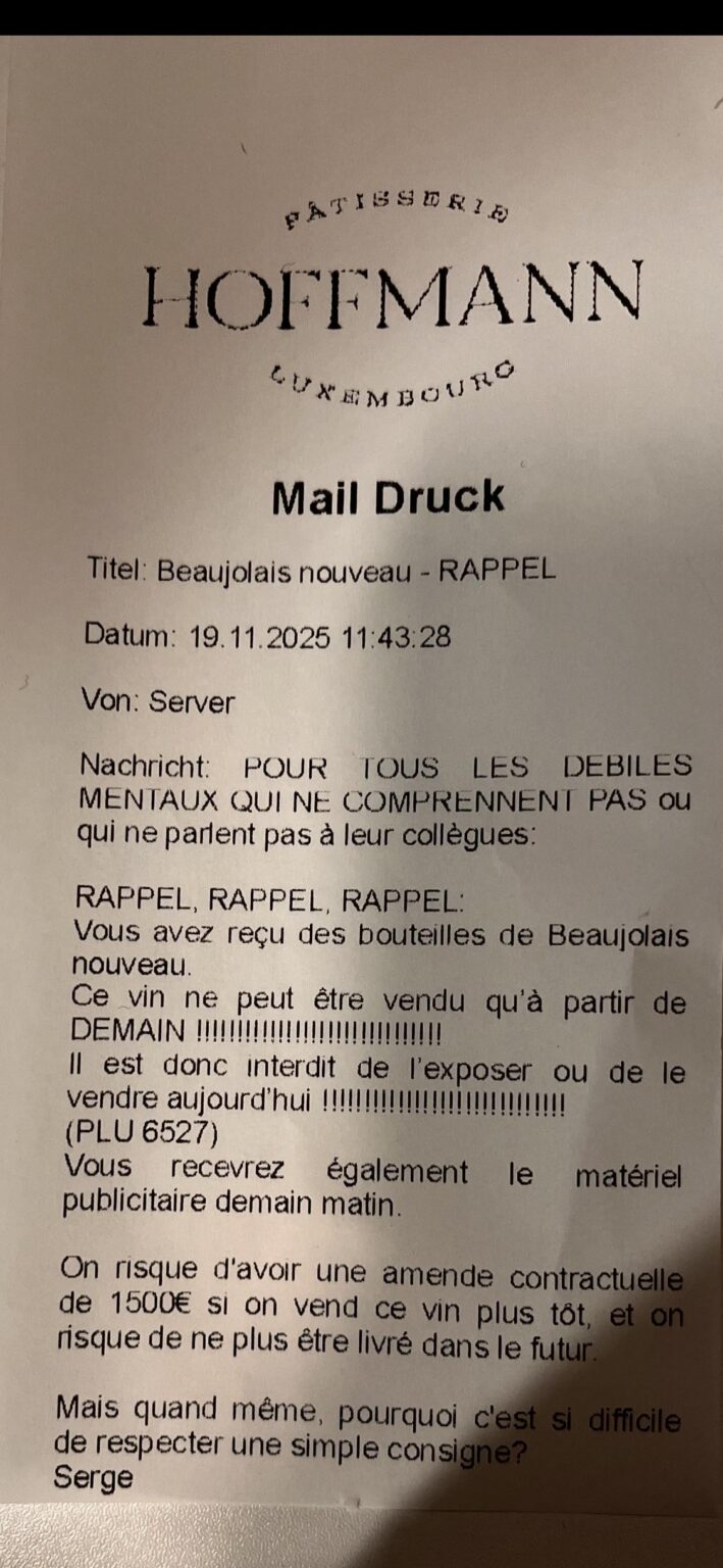 Wenn Sie vom Hauptsitz des Unternehmens, in dem Sie arbeiten, solche Nachrichten erhalten: #Patisserie #Hoffmann #Luxembourg #STI #Harcelement #Travail #Boycott #Gouvernement #ShameOnYou