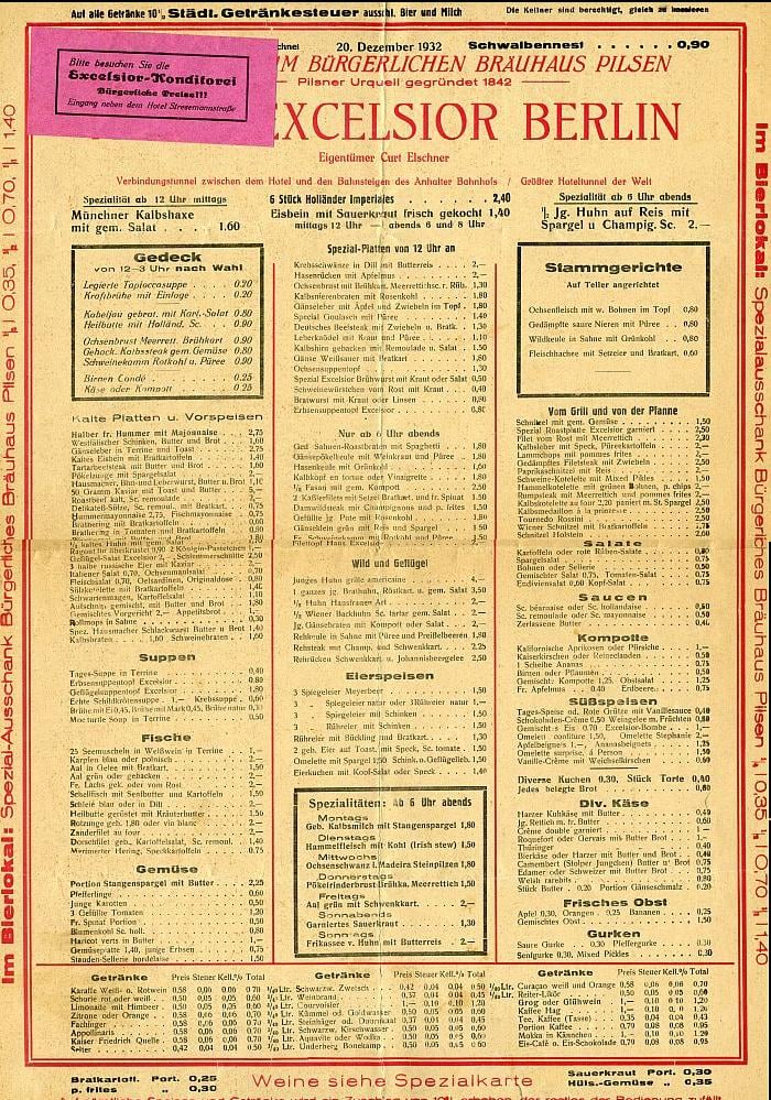 Menükarte Hotel Excelsior Restaurant (Berlin) aus dem Jahr 1932 mit Preisen