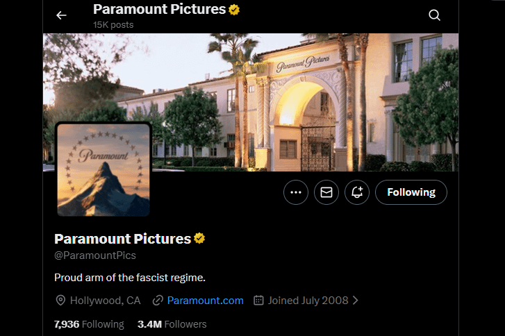 Paramount Pictures X-Konto offenbar gehackt, um „Stolzer Arm des faschistischen Regimes“ zu lesen