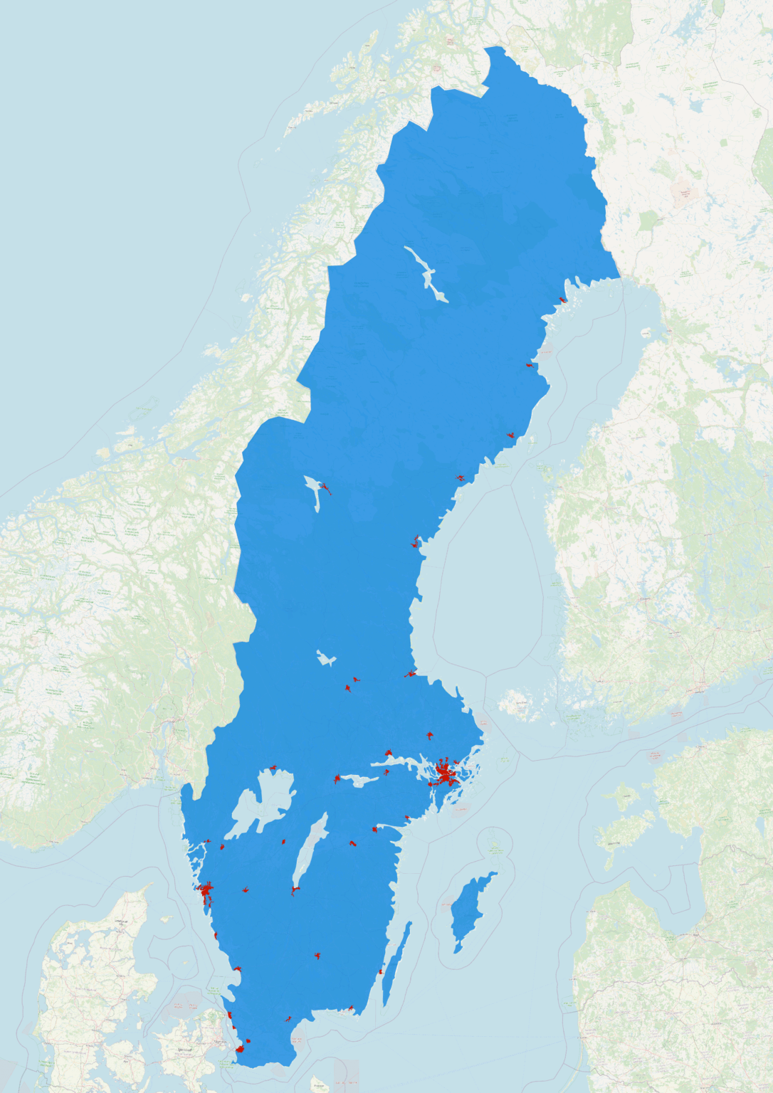 In den roten Gebieten leben mehr Menschen als im blauen Bereich. Schweden hat eine Bevölkerung von 10,59 Millionen Menschen (2024). Die Bevölkerung in den roten Gebieten beträgt 5,31 Millionen (2024). In den roten Gebieten leben mehr Menschen als im blauen Bereich. Schweden hat eine Bevölkerung von 10,59 Millionen Menschen (2024). Die Bevölkerung in den roten Gebieten beträgt 5,31 Millionen (2024).