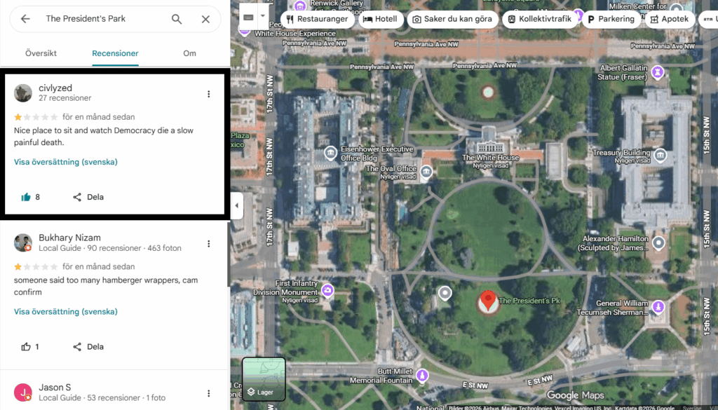 Ich habe festgestellt, dass Bewertungen des Weißen Hauses auf Google Maps ausgeblendet sind, es sich jedoch nicht um den President's Park handelt …