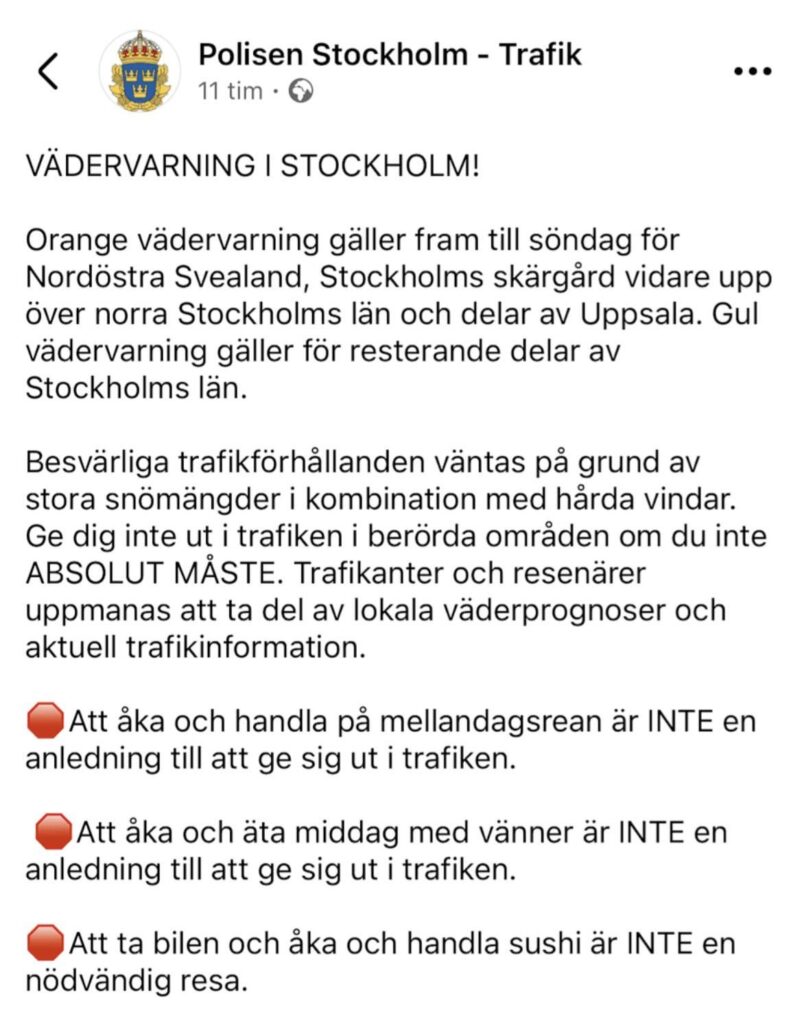 Der Appell der Polizei an die Stockholmer: „Sushi ist NICHT notwendig“