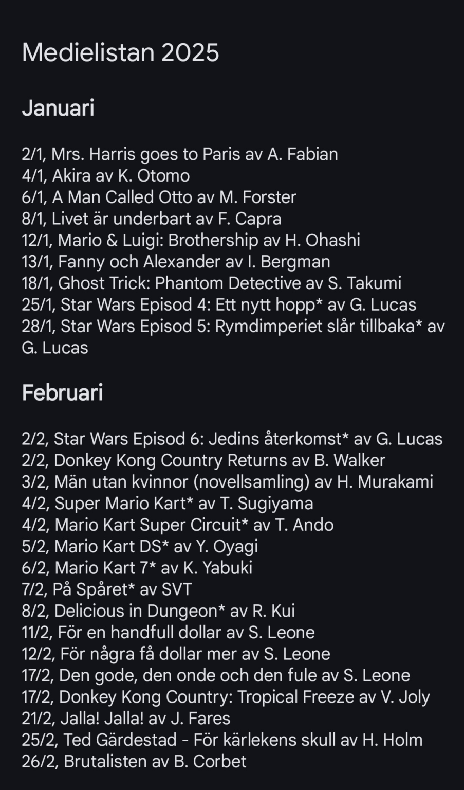 Frohes neues Jahr, Sweddit! Mein Neujahrsvorsatz für 2025 war, mehr Filme anzusehen und sie alle auf einer Liste aufzuschreiben. Hier gibt es alle Filme, Serien, Spiele und Bücher, die ich im Laufe des Jahres gelesen habe!