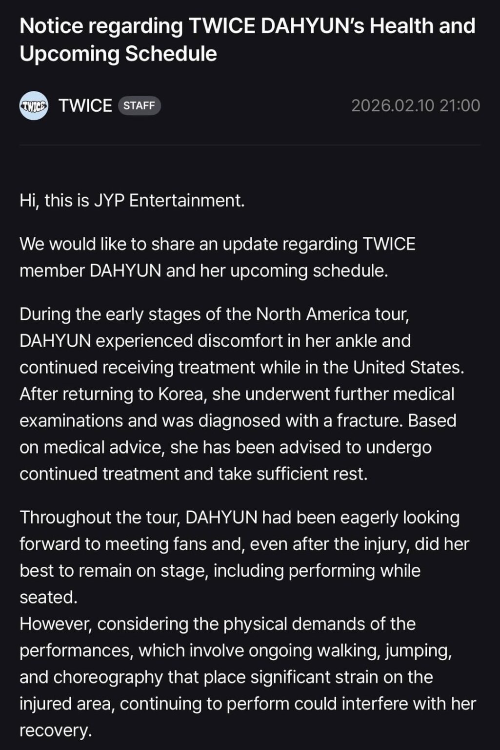 TWICE DAHYUN wird aus gesundheitlichen Gründen nicht an den Nordamerika-Tourdaten von „THIS IS FOR“ vom 13. Februar bis 7. März teilnehmen