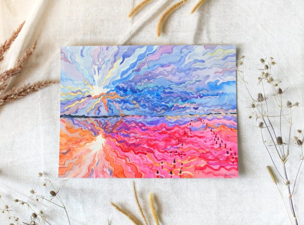 Rosa See Sasyk-Sivash auf der ukrainischen Krim, Aquarell auf Papier, 30 x 40 cm