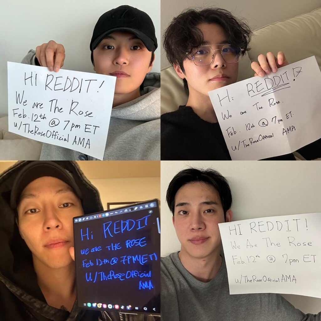 THE ROSE – Das sind Woosung, Dojoon, Hajoon und Taegyeom von der Band The Rose. Wir veranstalten am 12. Februar um 19:00 Uhr ET/9:00 Uhr KST ein AMA auf r/music. THE ROSE – Das sind Woosung, Dojoon, Hajoon und Taegyeom von der Band The Rose. Wir veranstalten am 12. Februar um 19:00 Uhr ET/9:00 Uhr KST ein AMA auf r/music.