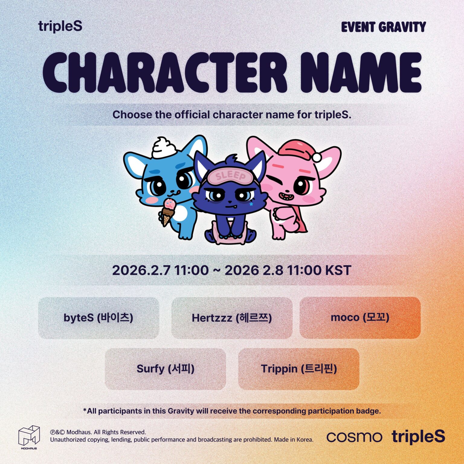 TripleS – Event Gravity: Charaktername (Wählen Sie den offiziellen Charakternamen für TripleS – ByteS / Hertzzz / Moco / Surfy / Trippin)