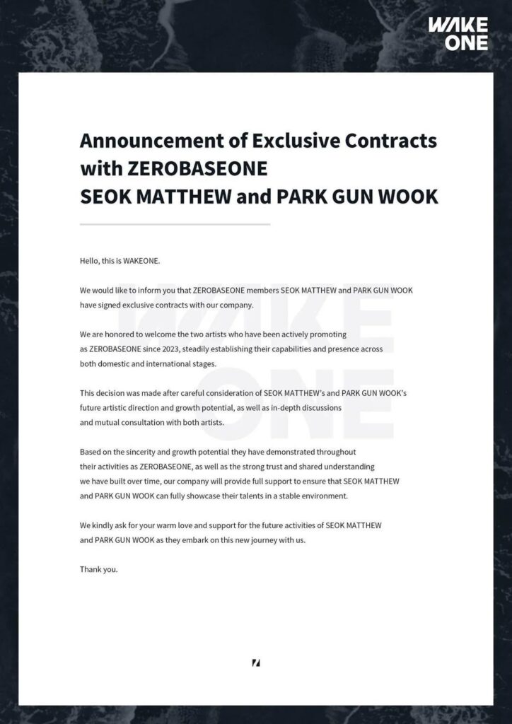ZEROBASEONE Seok Matthew und Park Gunwook geben die Unterzeichnung exklusiver Verträge mit WakeOne Entertainment bekannt