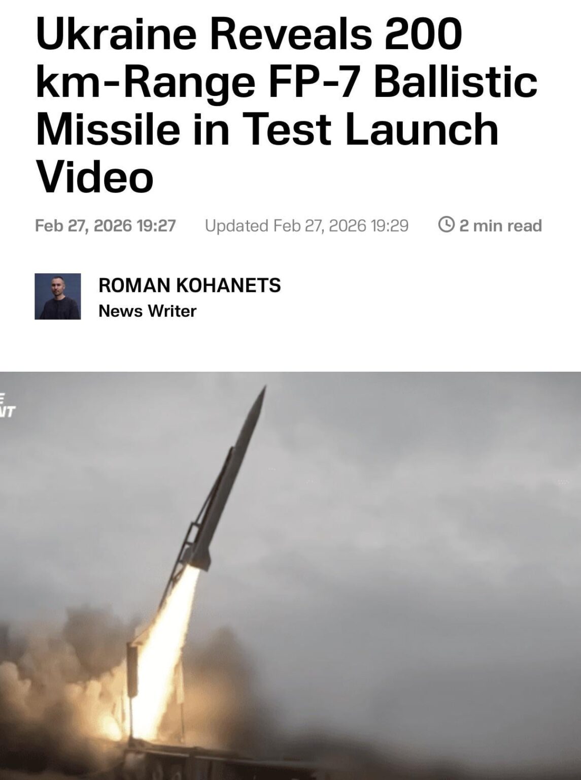 Die Ukraine enthüllt in einem Teststartvideo eine ballistische Rakete vom Typ FP-7 mit einer Reichweite von 200 km