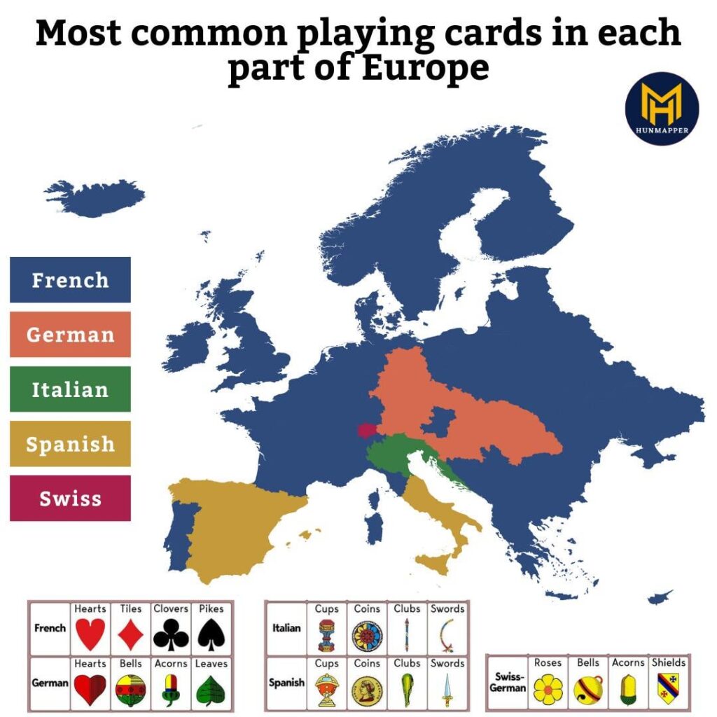 Die gebräuchlichsten Spielkarten in jedem Teil Europas