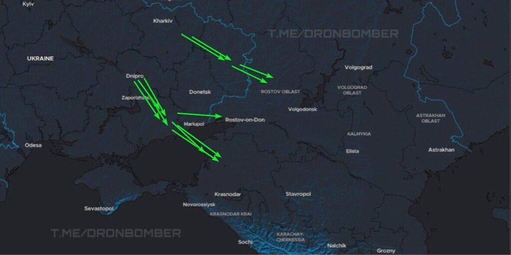 Ungefähre Flugrouten ukrainischer Marschflugkörper, die heute russische Ziele angreifen