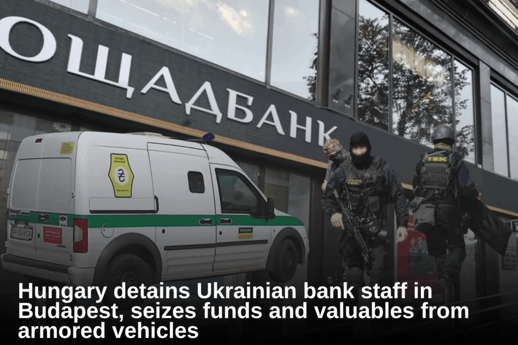 Sieben ukrainische Bankmitarbeiter in Ungarn festgenommen und Gelder beschlagnahmt. Die Ukraine fordert ihre Freilassung, nachdem das Personal in Budapest beim Transport von Bargeld und Wertgegenständen als Geisel gehalten wurde. Kiew verurteilt Ungarns Vorgehen als Diebstahl. Sieben ukrainische Bankmitarbeiter in Ungarn festgenommen und Gelder beschlagnahmt. Die Ukraine fordert ihre Freilassung, nachdem das Personal in Budapest beim Transport von Bargeld und Wertgegenständen als Geisel gehalten wurde. Kiew verurteilt Ungarns Vorgehen als Diebstahl.