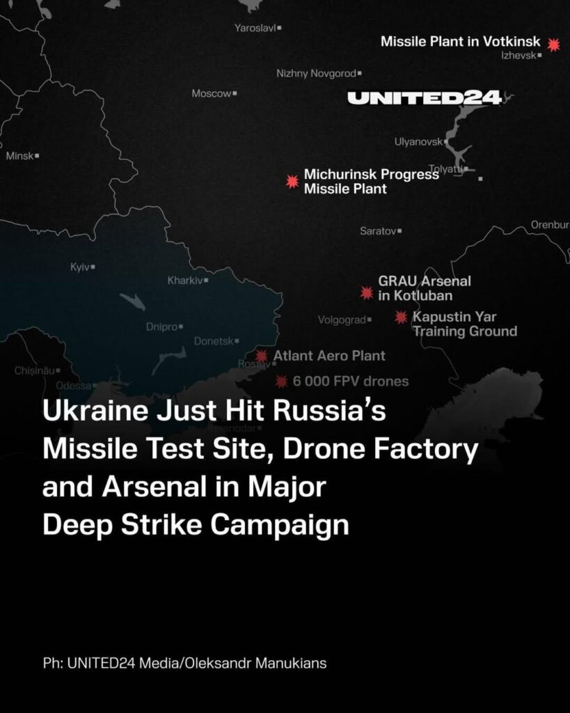 Die Karte zeigt wichtige russische militärisch-industrielle Einrichtungen, die im Januar–Februar 2026 von ukrainischen Langstreckenangriffen getroffen wurden