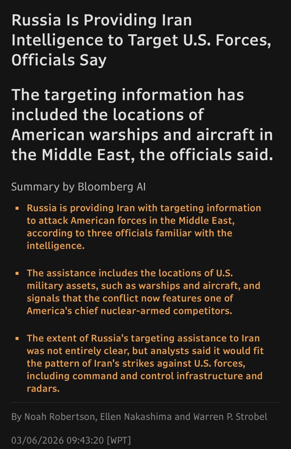 WAPO: Laut offiziellen Angaben stellt Russland dem Iran Geheimdienstinformationen zur Verfügung, um US-Streitkräfte ins Visier zu nehmen