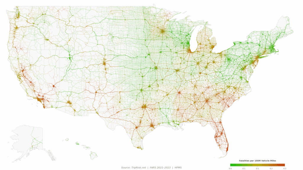 US-Straßen – Todesopfer pro 100 Millionen Fahrzeugmeilen