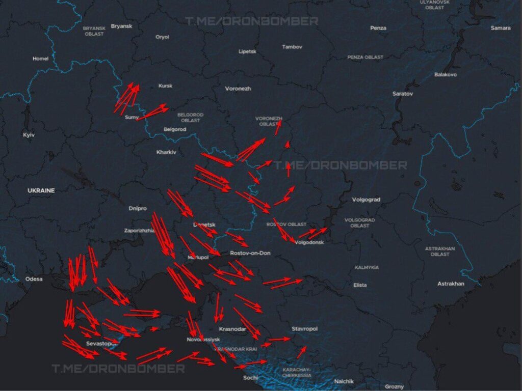 Ungefähre Flugrouten ukrainischer Drohnen, die heute Abend russische Ziele angreifen