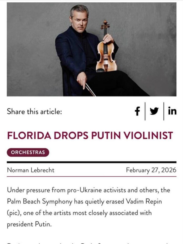 Das Konzert des russischen Geigers Vadim Repin in West Palm Beach wurde dank koordinierter Bemühungen ukrainischer Aktivisten in den USA abgesagt.