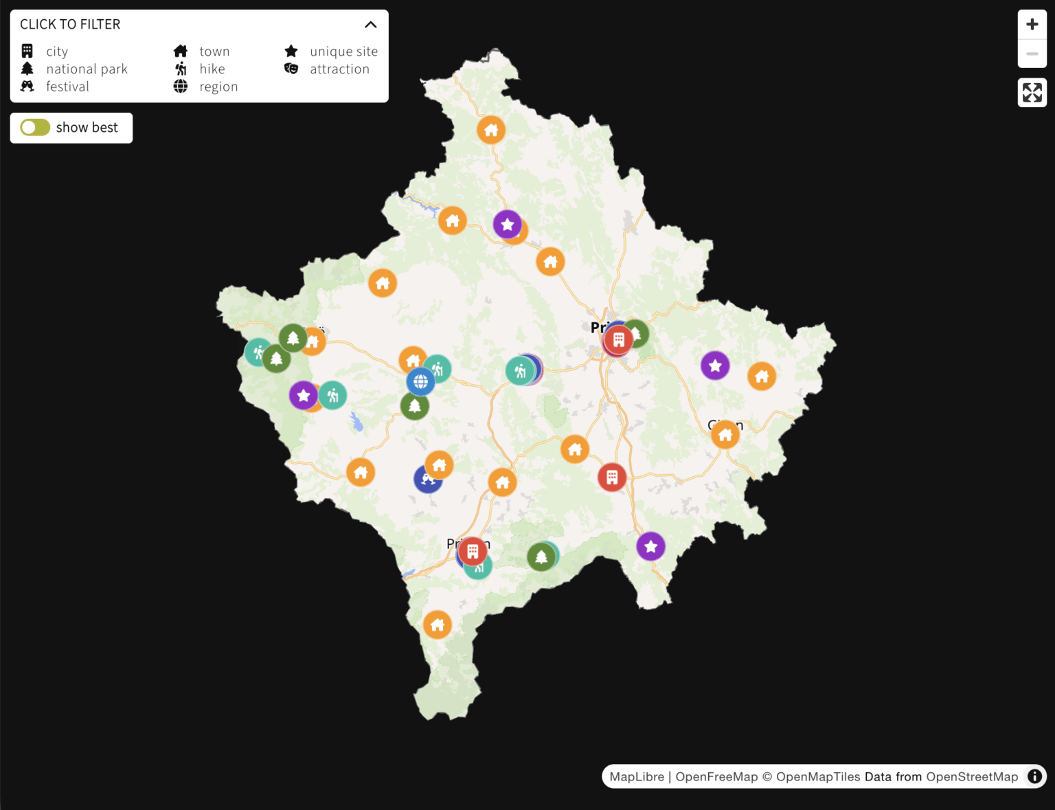 Diese interaktive Karte mit Reisezielen im Kosovo wurde aktualisiert Diese interaktive Karte mit Reisezielen im Kosovo wurde aktualisiert
