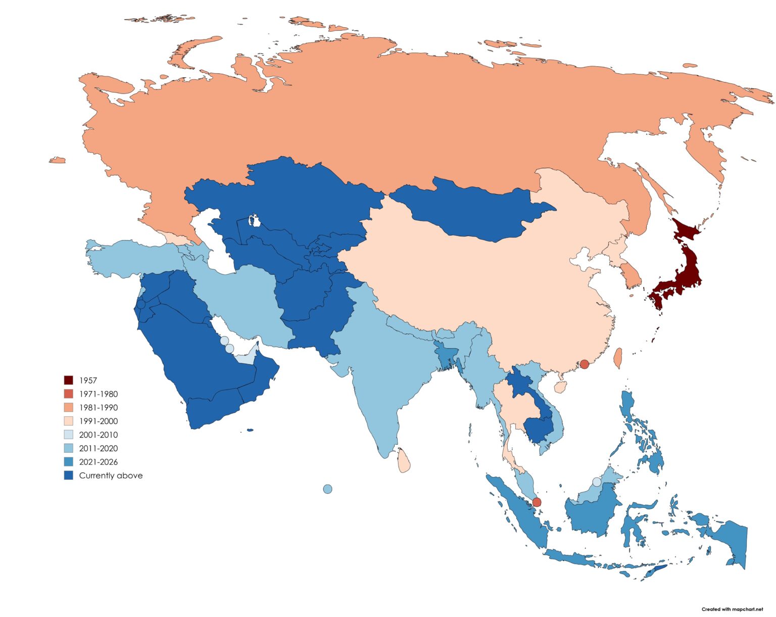 Das letzte Mal, dass jedes Land eine Geburtenrate von über 2 hatte (Asien)