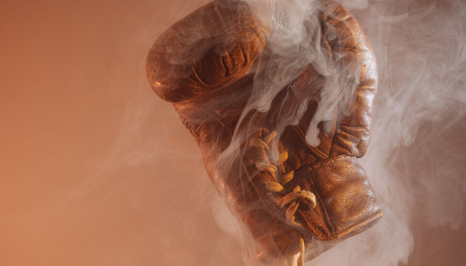 Boxhandschuh und Hand mit Victory-Zeichen ragen aus dichtem Rauch vor warmem Hintergrund.