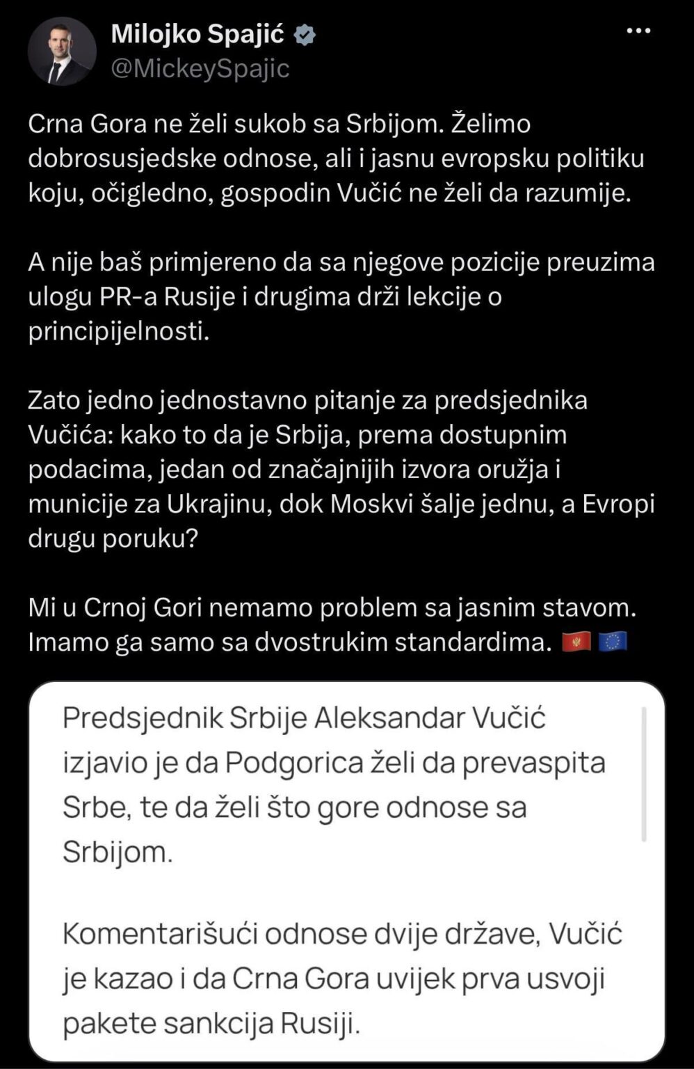 Spajić zu Vučić: Montenegro will keinen Konflikt mit Serbien, wir haben ein Problem mit Doppelmoral