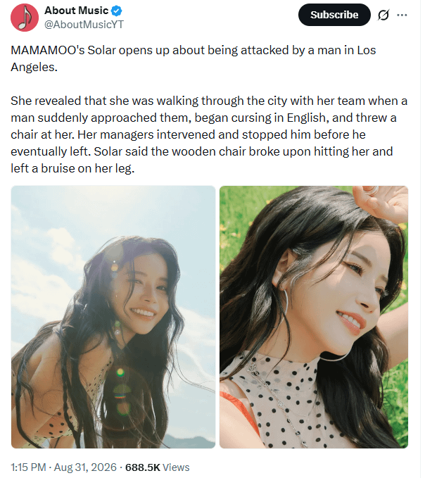 MAMAMOO Solar erzählt, wie sie während eines IG-Auftritts von einem Mann angegriffen wurde, als sie durch die Straßen von Los Angeles ging