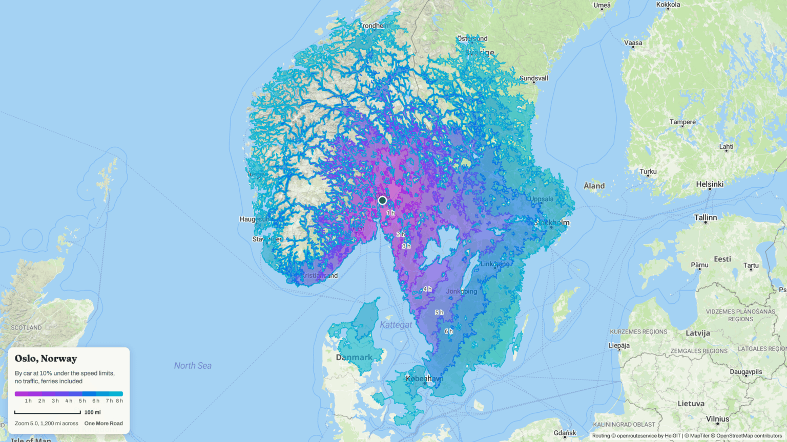 8 Stunden Isochrone von Oslo (mit dem Auto)