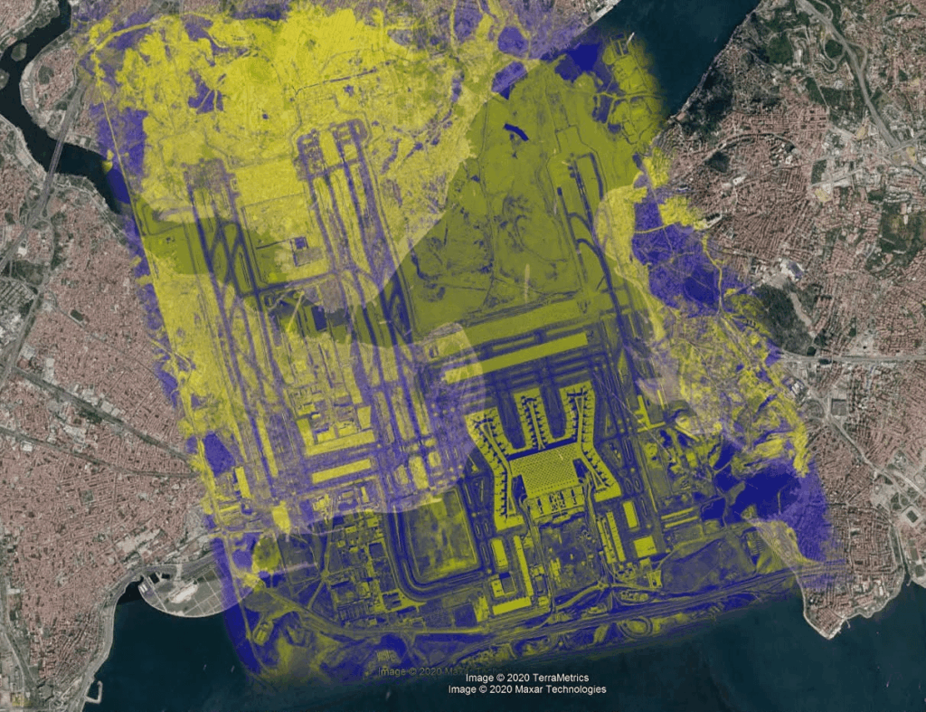 Landmasse des Flughafens Yeni Istanbul im Vergleich zum Zentrum von Istanbul