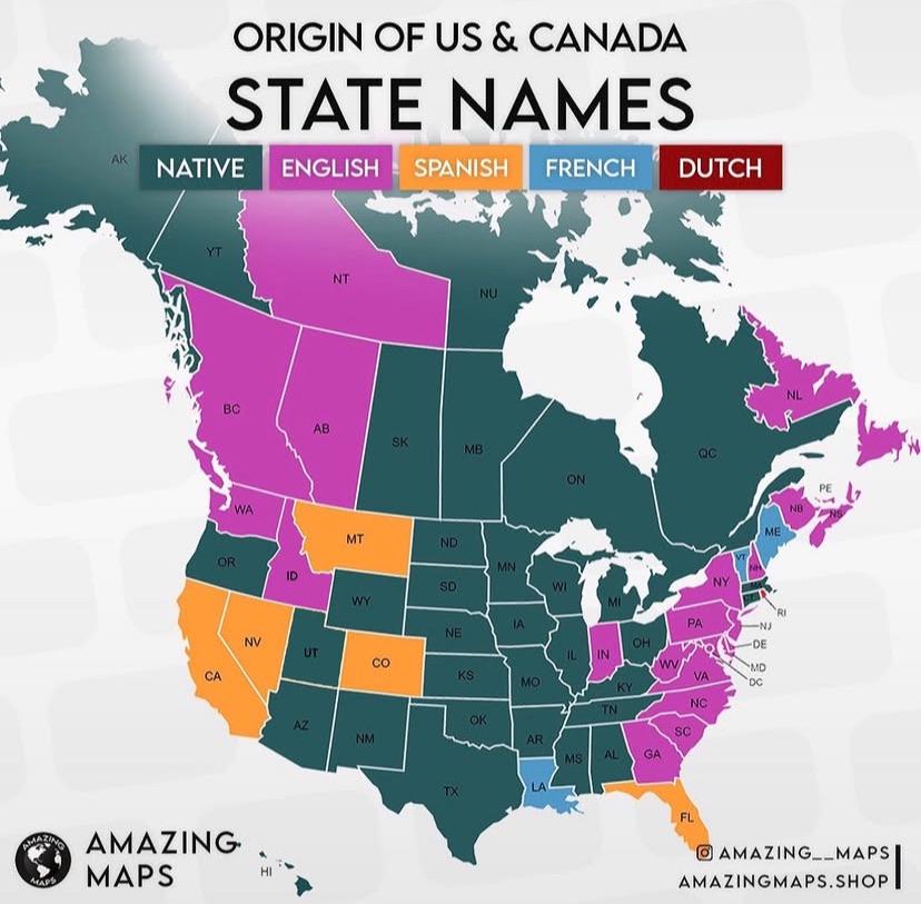 Eine etymologische Karte von Nordamerika, die die sprachlichen Ursprünge der Namen von US-Bundesstaaten und kanadischen Provinzen/Territorien zeigt.
