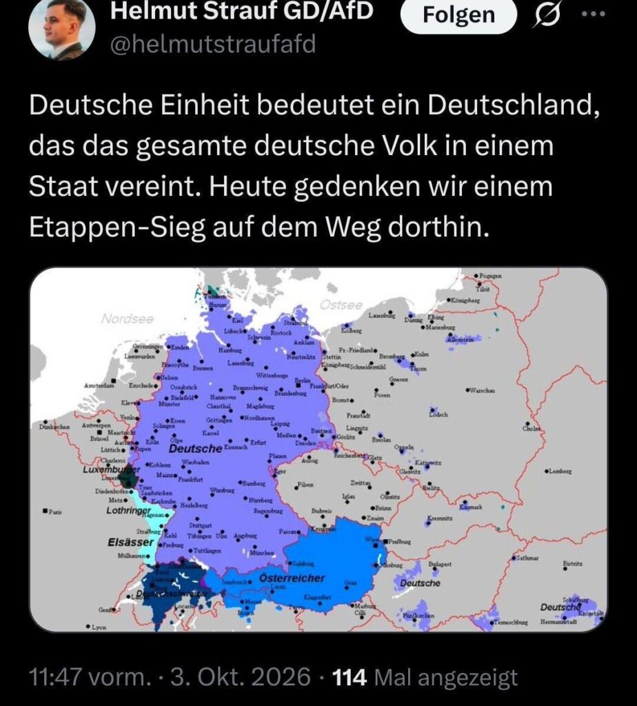 Ein Mitglied der Führungsspitze der AfD-Jugendorganisation wirbt für die „Wiedervereinigung Deutschlands“, zu dem unter anderem Barrels gehört.