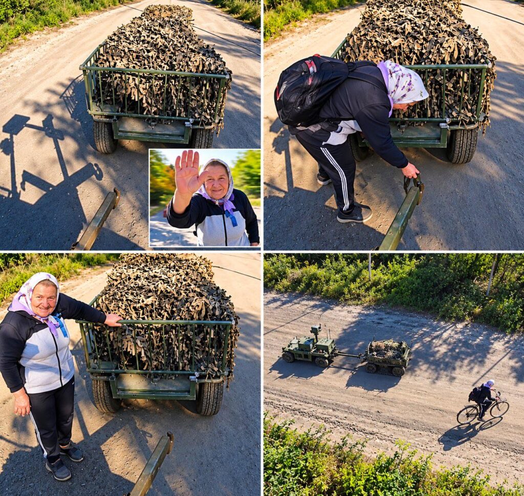 Eine ältere ukrainische Frau half bei der Bergung eines beschädigten ukrainischen UGV. Sie fuhr mit dem Fahrrad und bemerkte, dass das Bergungs-UGV Probleme beim Anbringen am beschädigten UGV hatte. Sie sprang ein und half. Eine ältere ukrainische Frau half bei der Bergung eines beschädigten ukrainischen UGV. Sie fuhr mit dem Fahrrad und bemerkte, dass das Bergungs-UGV Probleme beim Anbringen am beschädigten UGV hatte. Sie sprang ein und half.