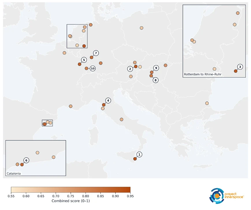 geothermie-industriecluster-europa-karte Karte der 30 aussichtsreichsten Industriecluster für Geothermie-Wärme in Europa, die besten zehn sind nummeriert, Wesseling auf Platz drei im Kasten Rotterdam bis Rhein-Ruhr